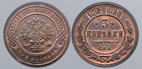 Russia, Empire. Nicholas II CU 3 Kopeck. St. Petersburg mint, 1904. Crowned double-headed eagle facing with wings spread, wearing shield on breast dep...