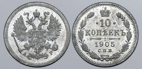 Russia, Empire. Nicholas II AR 10 Kopeck. St. Petersburg mint, 1905. Crowned double-headed eagle facing with wings spread, wearing shield on breast de...