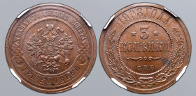 Russia, Empire. Nicholas II CU 3 Kopeck. St. Petersburg mint, 1906. Crowned double-headed eagle facing with wings spread, wearing shield on breast dep...