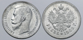 Russia, Empire. Nicholas II AR Rouble. St. Petersburg mint, 1909. Б.М.НИКОЛАЙ II ИМПЕРАТОРЪ И САМОДЕРЖЕЦЪ ВСЕРОСС., bare head to left / Crowned double...