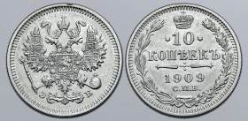 Russia, Empire. Nicholas II AR 10 Kopeck. St. Petersburg mint, 1909. Crowned double-headed eagle facing with wings spread, wearing shield on breast de...