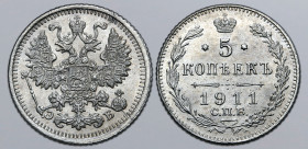 Russia, Empire. Nicholas II AR 5 Kopeck. St. Petersburg mint, 1911. Crowned double-headed eagle facing with wings spread, wearing shield on breast dep...