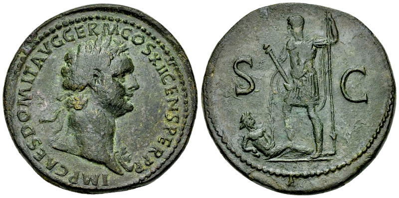 Domitianus AE Sestertius, Rhenus reverse 

Domitianus (81-96 AD). AE Sestertiu...