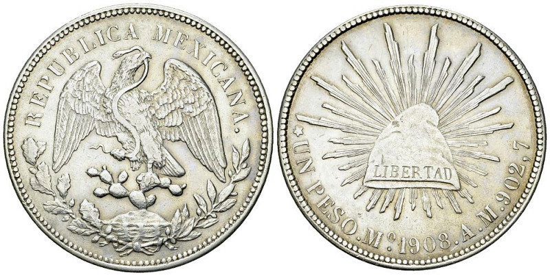 Mexico AR Peso 1908, Mexico City 

Mexico, Republic. AR Peso 1908 Mo AM (27.08...