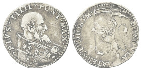BOLOGNA
Pio V (Antonio Michele Ghislieri), 1566-1572.
Bianco.
Ag gr. 4,86
Dr. PIVS IIIII PONT MAX. Busto a d. con piviale ornato.
Rv. BONONIA - M...
