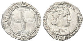 NAPOLI
Ferdinando I d’Aragona (Ferrante), 1458-1494.
Coronato, sigla C gotica sotto la croce e dietro il busto (?).
Ag gr. 3,46
Dr. FERDINANDVS D ...