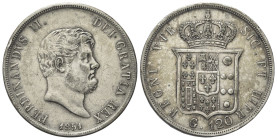 NAPOLI
Ferdinando II di Borbone, 1830-1859.
Piastra da 120 Grana 1851.
Ag gr. 27,47
Dr. Testa barbuta a d.; sotto, la data.
Rv. Stemma coronato. ...