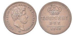 NAPOLI
Ferdinando II di Borbone, 1830-1859.
2 Tornesi 1848.
Æ gr. 6,46
Dr. Testa nuda a d.
Rv. Corona reale e valore.
Pag. 403/a; Pannuti-Riccio...