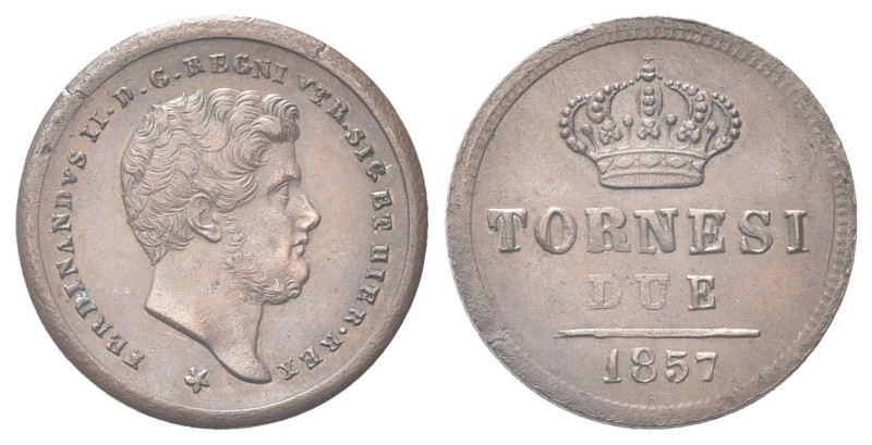 NAPOLI
Ferdinando II di Borbone, 1830-1859.
2 Tornesi 1857.
Æ gr. 6,64
Dr. T...