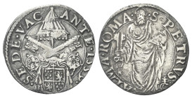 ROMA
Sede Vacante (Cam. Card. Guido Ascanio Sforza), 1559.
Giulio 1559.
Ag gr. 2,31
Dr. SEDE - VAC - ANTE 1559. Stemma Sforza sormontato da padigl...