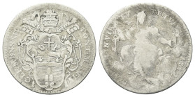 ROMA
Clemente XIV (Gian Vincenzo Antonio Ganganelli), 1769-1774.
Quinto di Scudo 1772 anno V.
Ag gr. 5,07
Dr. CLEMENS XIV - PONT MAX AN IV. Stemma...