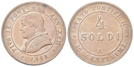 ROMA
Pio IX (Giovanni Maria Mastai Ferretti), 1846-1878.
4 Soldi o 20 Centesimi 1869 a. XXIII.
Æ gr. 19,84
Dr. Busto a s. con zucchetto, mozzetta ...
