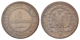 ROMA
Seconda Repubblica Romana, 1848-1849.
Mezzo Baiocco 1849.
Æ gr. 5,03
Dr. Valore; nel giro, data.
Rv. Aquila su fascio volta a d. entro coron...