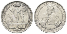 SAN MARINO
Vecchia monetazione, 1864-1938. 
20 Lire 1932.
Ag gr. 14,88
Dr. Tre penne coronate, su merlature.
Rv. Busto di San Marino con le tre t...