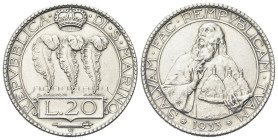 SAN MARINO
Vecchia monetazione, 1864-1938.
20 Lire 1933.
Ag gr. 14,92
Dr. Tre penne coronate, su merlature.
Rv. Busto di San Marino con le tre to...