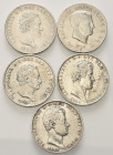 LOTTI
Periodo da Napoleone I Imperatore, 1804-1814 - Carlo Alberto 1831-1849
Lotto di n. 5 5 Lire (Napoleone Imperatore e Regno di Sardegna).
Ag