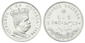 COLONIA ERITREA
Umberto I, 1890-1896.
Lira 1890 Roma.
Ag 
Dr. Busto a d., in uniforme, con corona. 
Rv. Su due righe, L 1 e valore espresso in am...