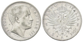 REGNO D’ITALIA
Vittorio Emanuele III, 1900-1943.
2 Lire 1905 Roma, Aquila Sabauda.
Ag 
Dr. Testa del sovrano rivolta a d.
Rv. Aquila araldica riv...