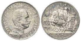 REGNO D’ITALIA
Vittorio Emanuele III, 1900-1943.
Lira 1913 Roma, Quadriga veloce.
Ag 
Dr. Semibusto del sovrano in uniforme con il collare a testa...