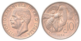 REGNO D’ITALIA
Vittorio Emanuele III, 1900-1943.
10 Centesimi 1924 Roma, Ape.
Cu 
Dr. Testa scoperta del sovrano rivolta a s.
Rv. Ape che succhia...