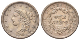 USA
Federazione.
1 Cent 1838 Coroned.
Æ 
Dr. Busto della Libertà con stelle attorno. 
Rv. UNITED STATES OF AMERICA entro corona di alloro e ONE C...