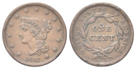 USA
Federazione.
Centesimo 1842 Tipo Liberty Braided Hair.
Æ gr. 10,52
Dr. Testa diademata a s.
Rv. Valore e data entro corona di alloro.
KM#67....