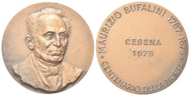 CESENA
Maurizio Bufalini (medico), 1787-1875.
Medaglia 1975 opus L. Teruggi.
Æ gr. 32,32 mm. 43,8
Dr. Busto di scorcio verso s.; a s., TERUGGI; a ...