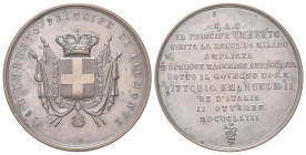 MILANO
Durante Vittorio Emanuele II, 1849-1878.
Medaglia 1863.
Æ gr. 38,17 mm 45,8
Dr. S A R UMBERTO PRINCIPE DI PIEMONTE. Stemma Savoia coronato,...