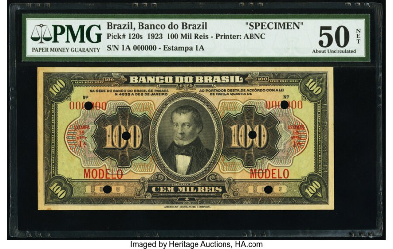 Brazil Banco do Brasil 100 Mil Reis 8.1.1923 Pick 120s Specimen PMG About Uncirc...