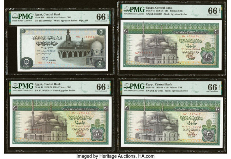 Egypt Central Bank of Egypt 5; 20 Pounds (1974-1976) Pick 45b; 48(3) Four Exampl...