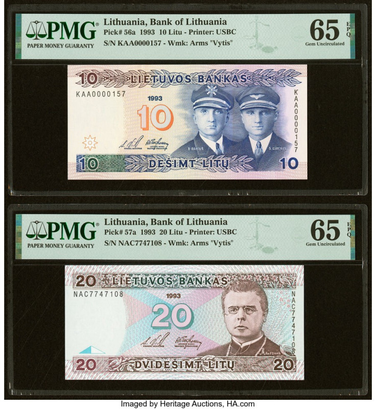 Lithuania Bank of Lithuania 10; 20 Litu 1993 Pick 56a; 57a Two Examples PMG Gem ...