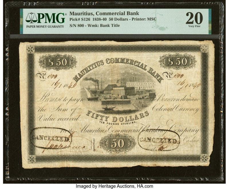 Mauritius Mauritius Commercial Bank 50 Dollars 1840 Pick S126 PMG Very Fine 20. ...