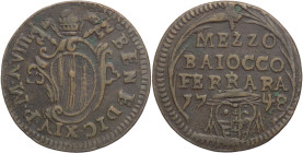 Ferrara - Benedetto XIV (Prospero Lamberti) 1740-1758 - ½ Baiocco 1748 anno VIII - gr. 5,46 - Cu - MIR 2649/6; CNI 94

BB

SPEDIZIONE SOLO IN ITAL...