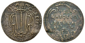 FERRARA. Benedetto XIV (1740-1758) Mezzo baiocco 1751 (g. 5,17 - mm. 27). Stemma R/ MEZZO/ BAIOCCO/ FERRARA/ 1751/ stemma in cartella. Munt. 377 CU
...
