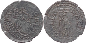 Macerata - Gregorio XIII, Boncompagni (1572-1585) - quattrino tipo con San Giuliano in piedi con variante sul rovescio MACER - CNI 66 - 0,58 g - Mi
...