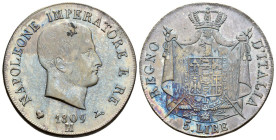 Milano - Napoleone I Re d'Italia (1805-1814) - 5 Lire 1809 - Variante non repertoriata con lettera "M" della zecca vicinissima alla data e cifra “9” b...