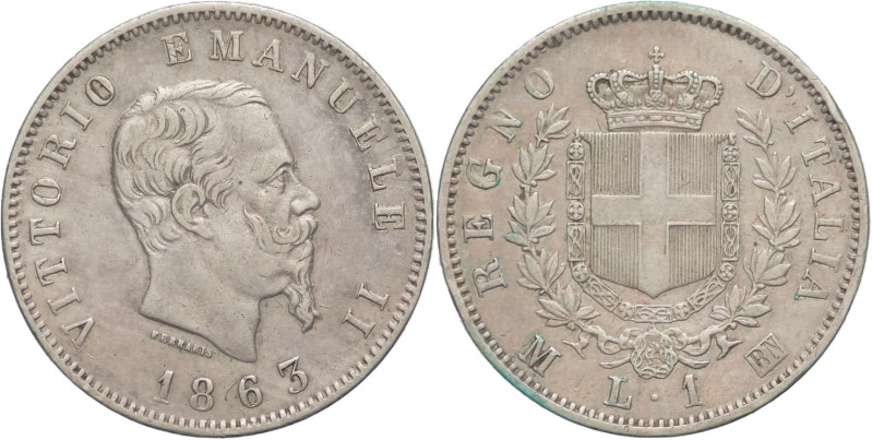 1 lira 1863 - Vittorio Emanuele II (1861 - 1878) - Stemma - zecca di Milano - Ag...