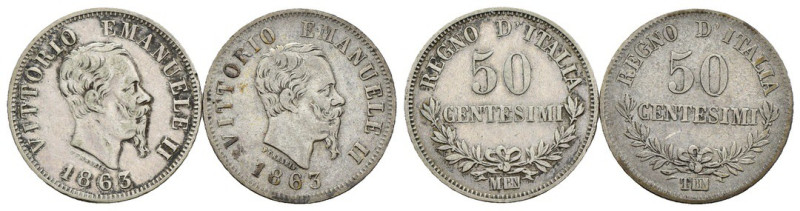 Vittorio Emanuele II (1861-1878) - Lotto di 2 moneta da 50 centesimi "Valore" 18...