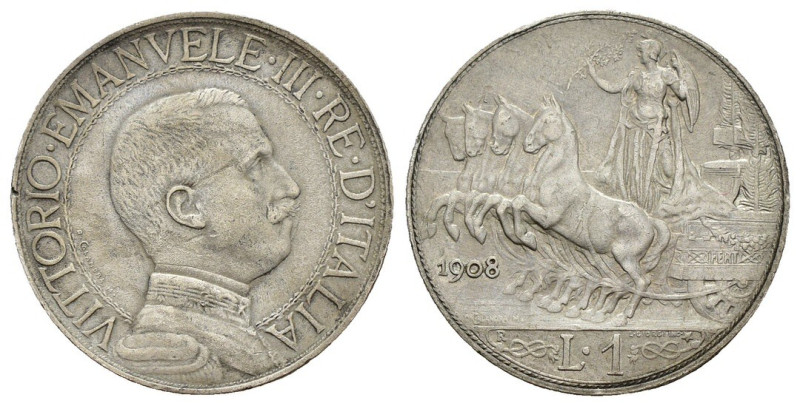Vittorio Emanuele III (1900-1943) - 1 lira 1908 Quadriga Veloce - Ag - Gig. 132...