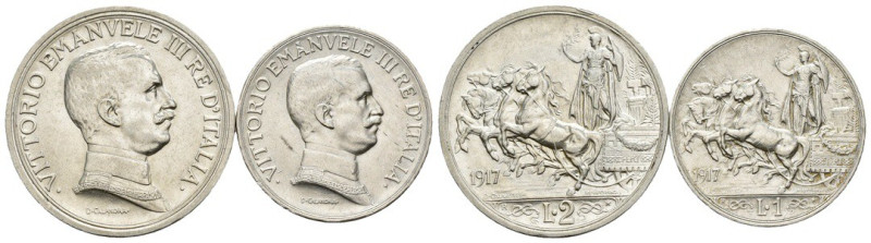 Vittorio Emanuele III (1900-1943) - Lotto di 2 monete da 1 e 2 lire "Quadriga Br...