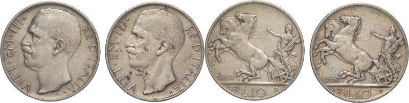 Vittorio Emanuele III (1900-1943) - Lotto di 2 monete da 10 lire "Biga" 1927 e 1...