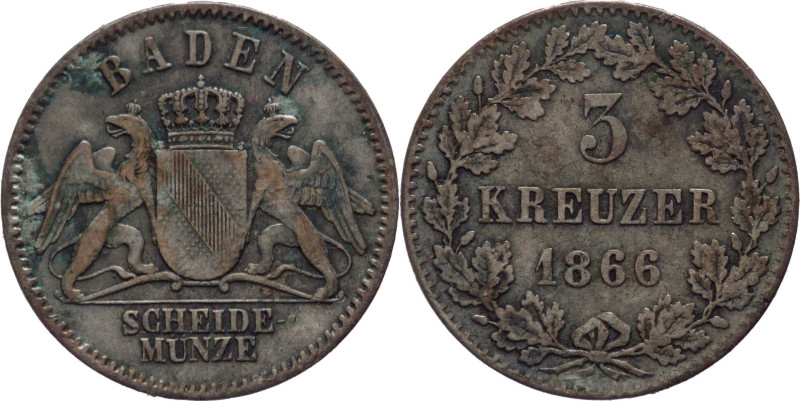 Germania - Granducato di Baden - Federico I (1856-1907) - 3 kreuzer 1866 - KM# 2...