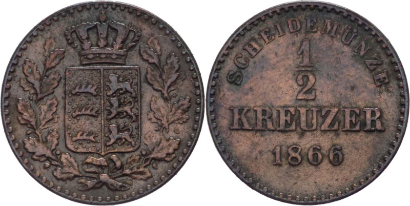 Germania - Regno di Württemberg - Karl I (1864-1891) - 1/2 kreuzer 1866 - KM# 61...