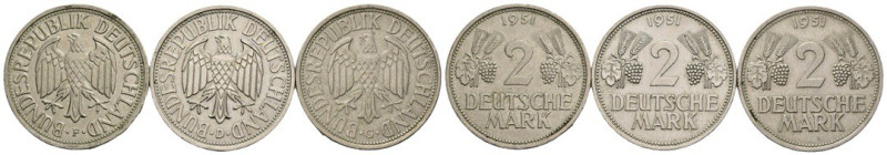 Germania - lotto di 3 monete da 2 marchi 1951 - marchio D, F, G - Cupronichel - ...