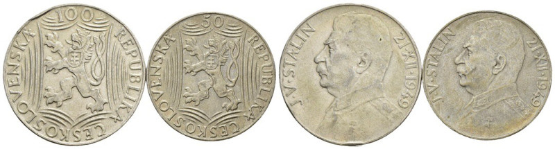 Cecoslovacchia - lotto 2 monete da 100 e 50 Corone 1949 - 70° Anniversario della...