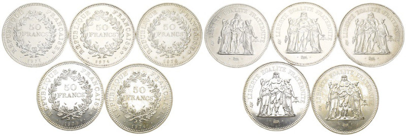 Francia - lotto di 5 monete da 50 franchi - Ag. 900 - Gr. tot. 150 - anni vari
...