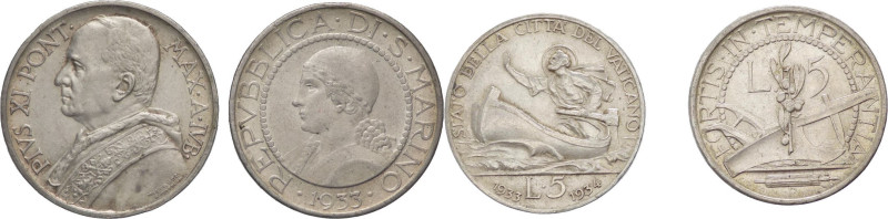 lotto di 2 monete da 5 Lire - Pio XI (1929 - 1938) / San Marino - Gig. 24 / KM# ...