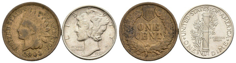 Stati Uniti d'America (1776-oggi) - lotto di 2 monete da 1 Centesimo e 1 Dime - ...