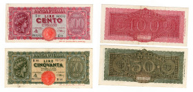 Repubblica Italiana - lotto di 2 banconote - 100 Lire Italia Turrita BI 25 A 12/10/44 - 50 Lire Italia Turrita BI 13 A 12/10/44

BB+

SPEDIZIONE S...