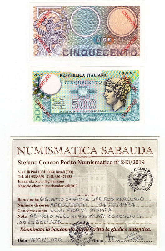 Repubblica Italiana (dal 1946) - 500 lire "Mercurio" campione - Emissione del 14...